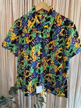 Vintage 1970s Abstract Pointillism Button Down disco top multicolor Petite 2XL